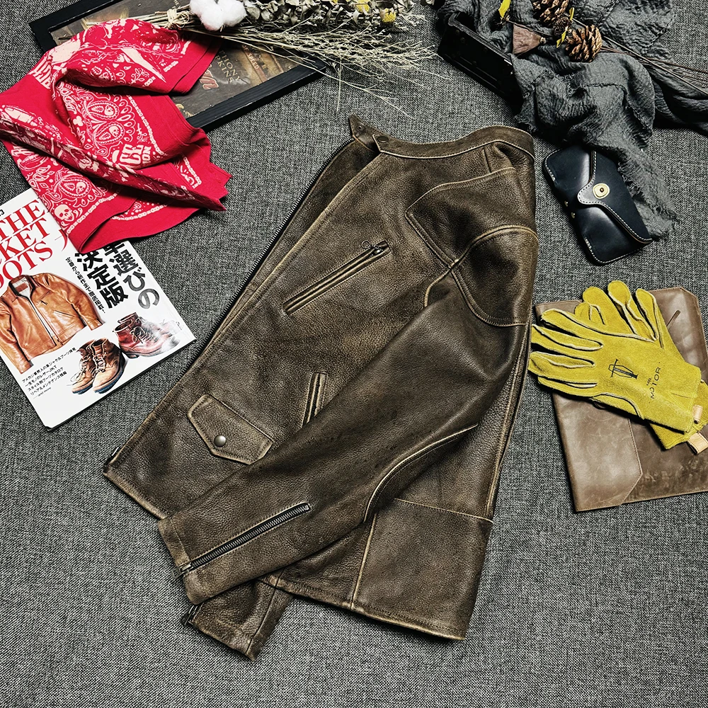 新款毒液手擦拭做旧棕色立领机车夹克男款真皮皮衣