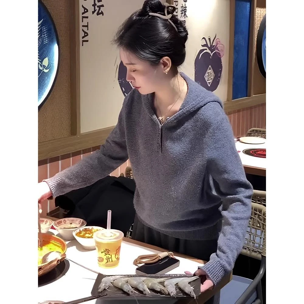 灰色慵懒风连帽长袖针织毛衣女款秋冬2025新款宽松设计感内搭上衣
