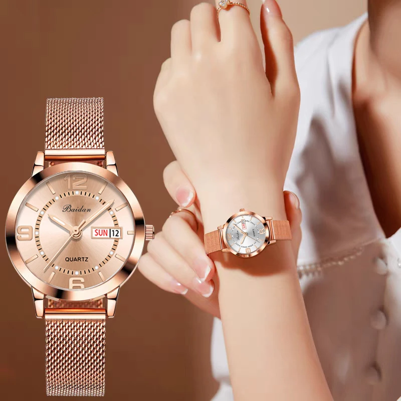 送女友生日礼物女士手表韩版休闲时尚潮流日历防水石英女款腕表