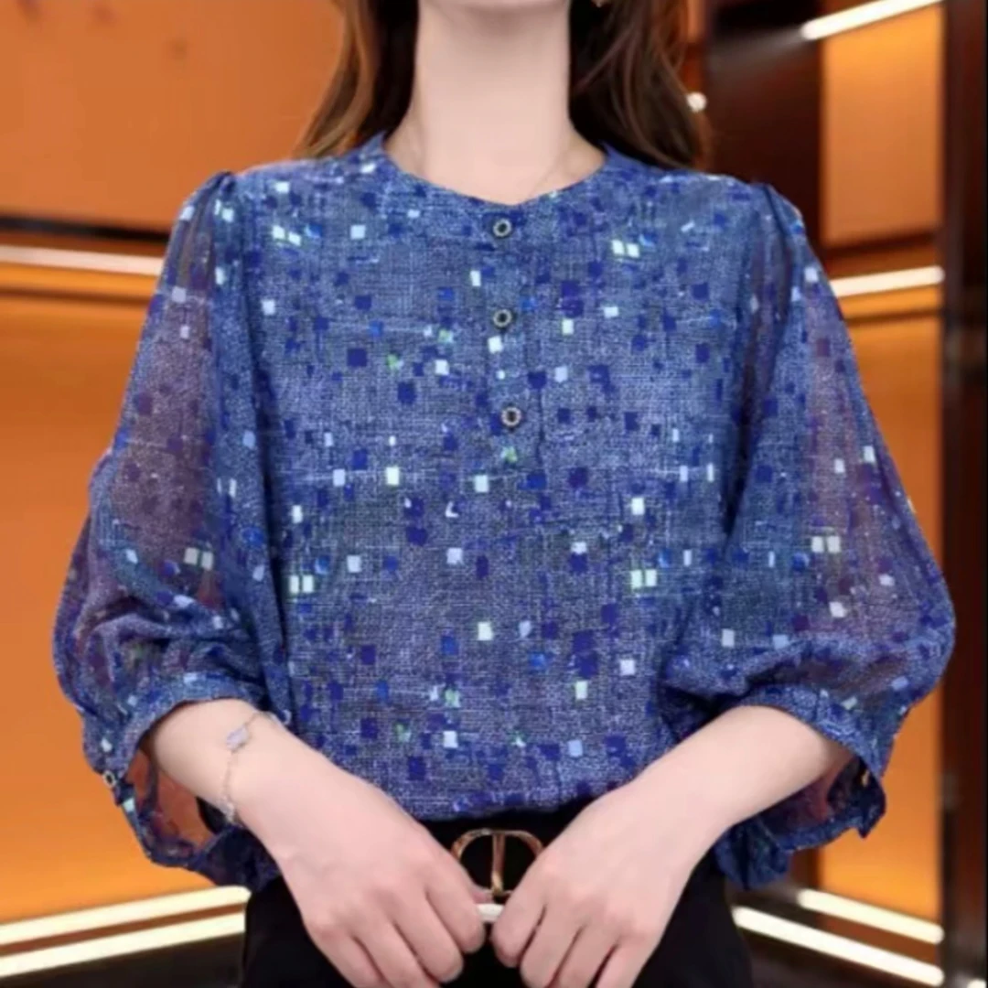 2034新款时尚遮肉显瘦气质印花衫