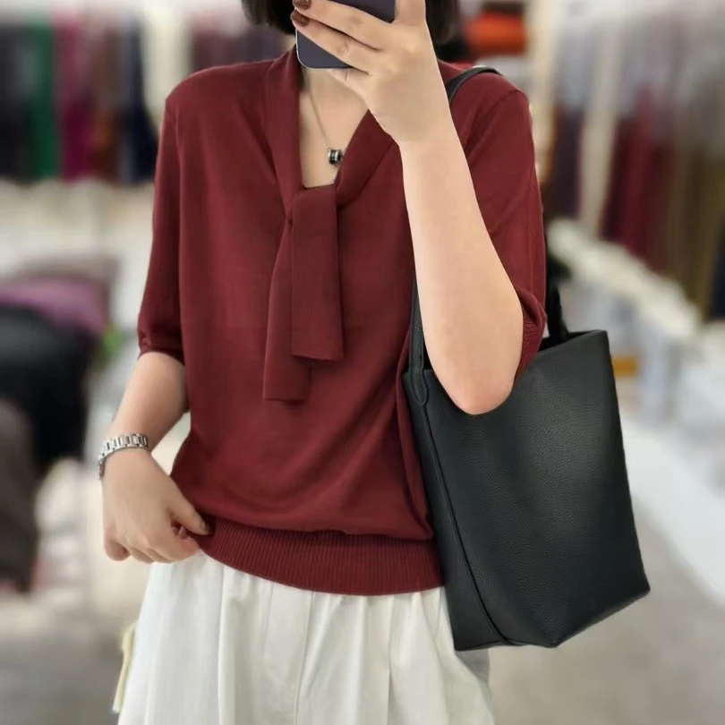 毛针织衫上衣夏季薄款女百搭休闲不褪色V领套头款