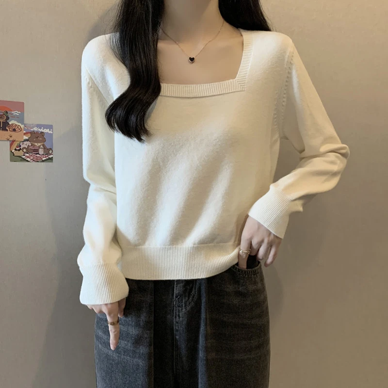 胖妹妹秋装大码女装方领正肩显瘦针织衫纯色简约韩版减龄上衣