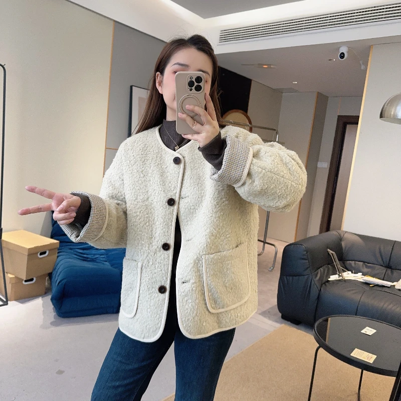 【欧加粒粒】袖口格子小香风短外套冬季时尚宽松百搭 S25111101