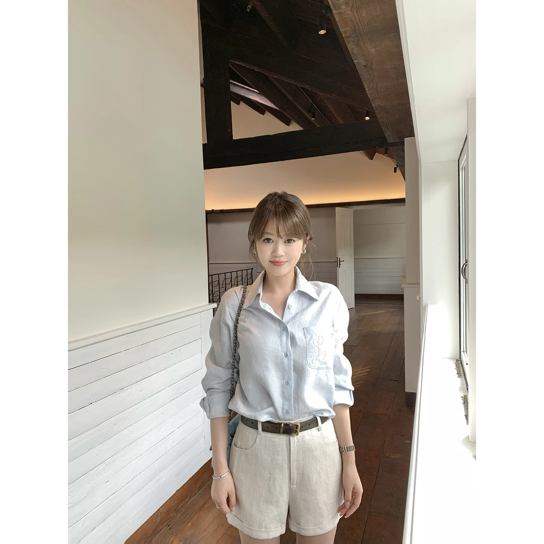 【AHY】高克重高质感肌理感透气亚麻定染蓝纯色衬衫新品