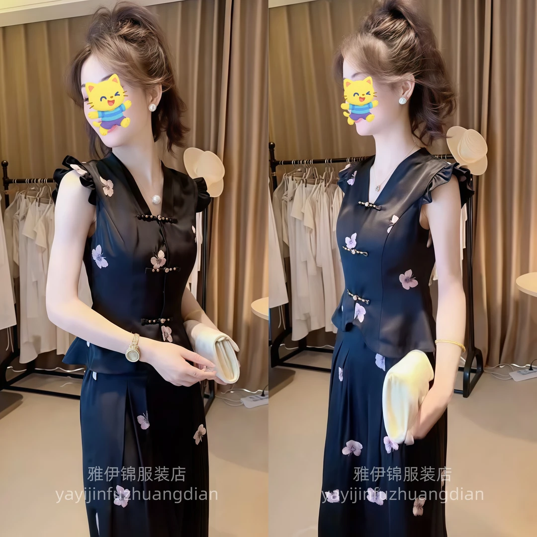 2025夏季新款轻奢缎面洋气印花飞飞袖收腰衬衫+高腰阔腿裤两件套