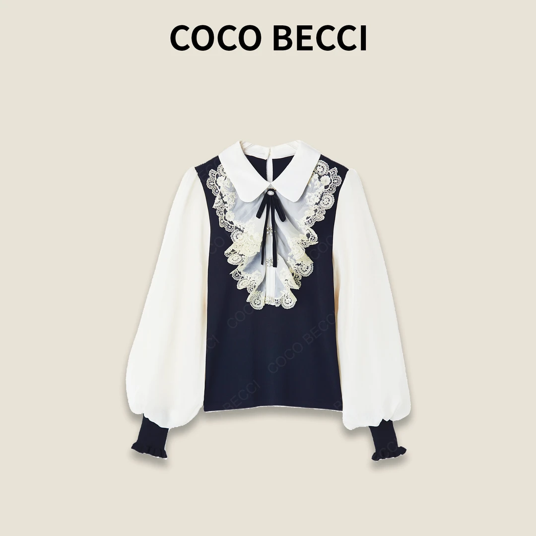 COCO BECCI【洛可可】黑白蕾丝拼接长袖衬衫YT25JS110004