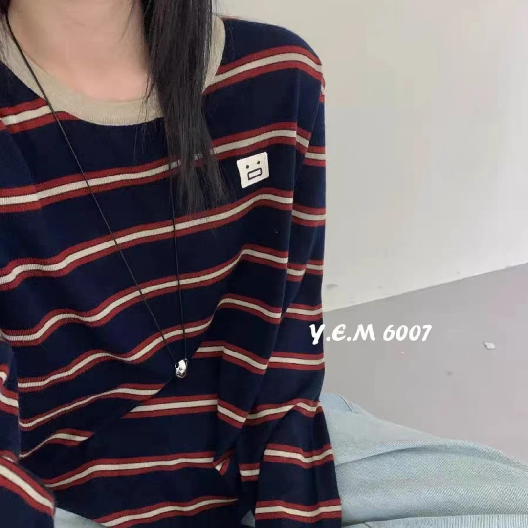 〔方块脸条纹针织〕〔不可机洗〕欧站多色条纹圆领长袖针织上衣