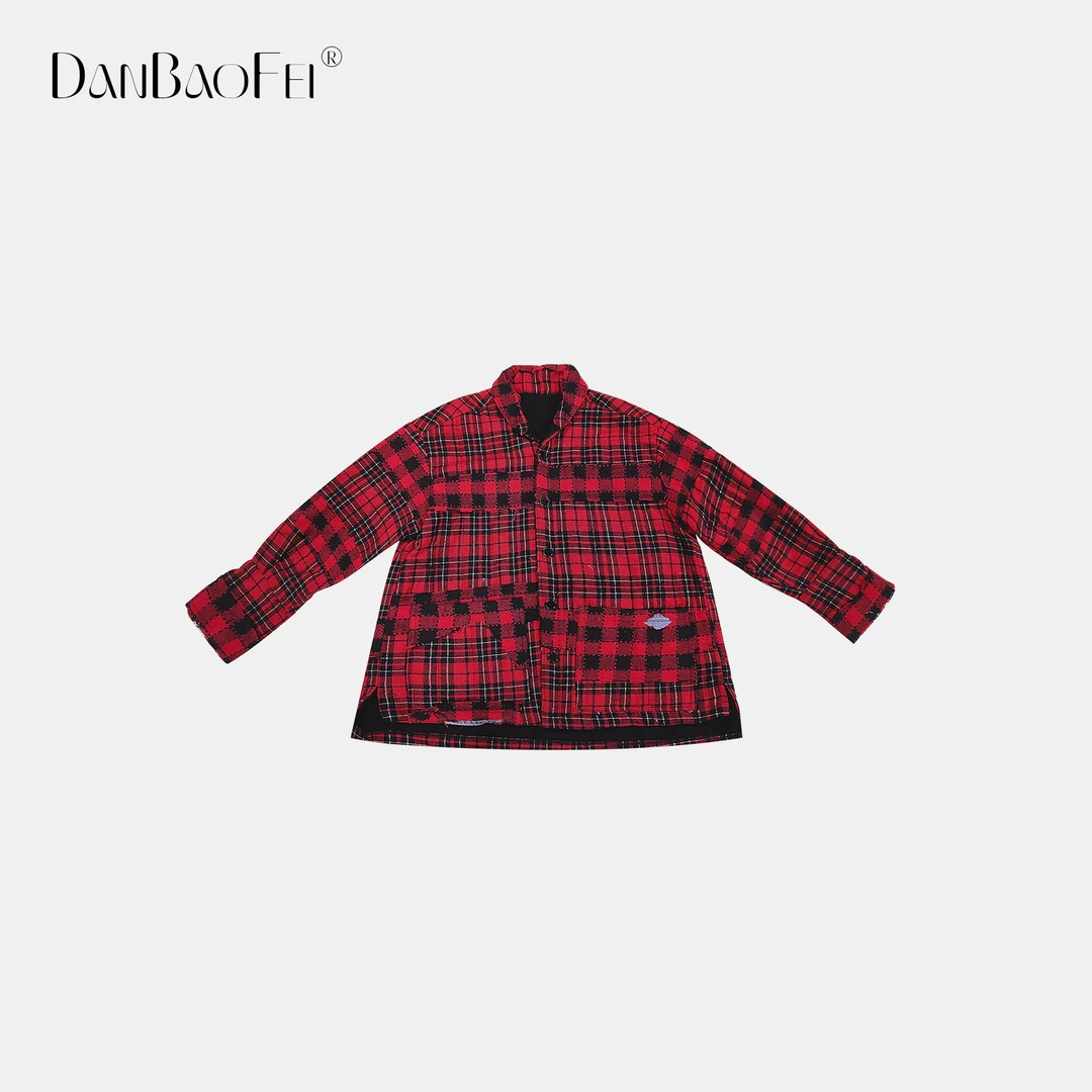 【DaMei】复古高街风格纹拼接休闲衬衫式棉服 YLM00363