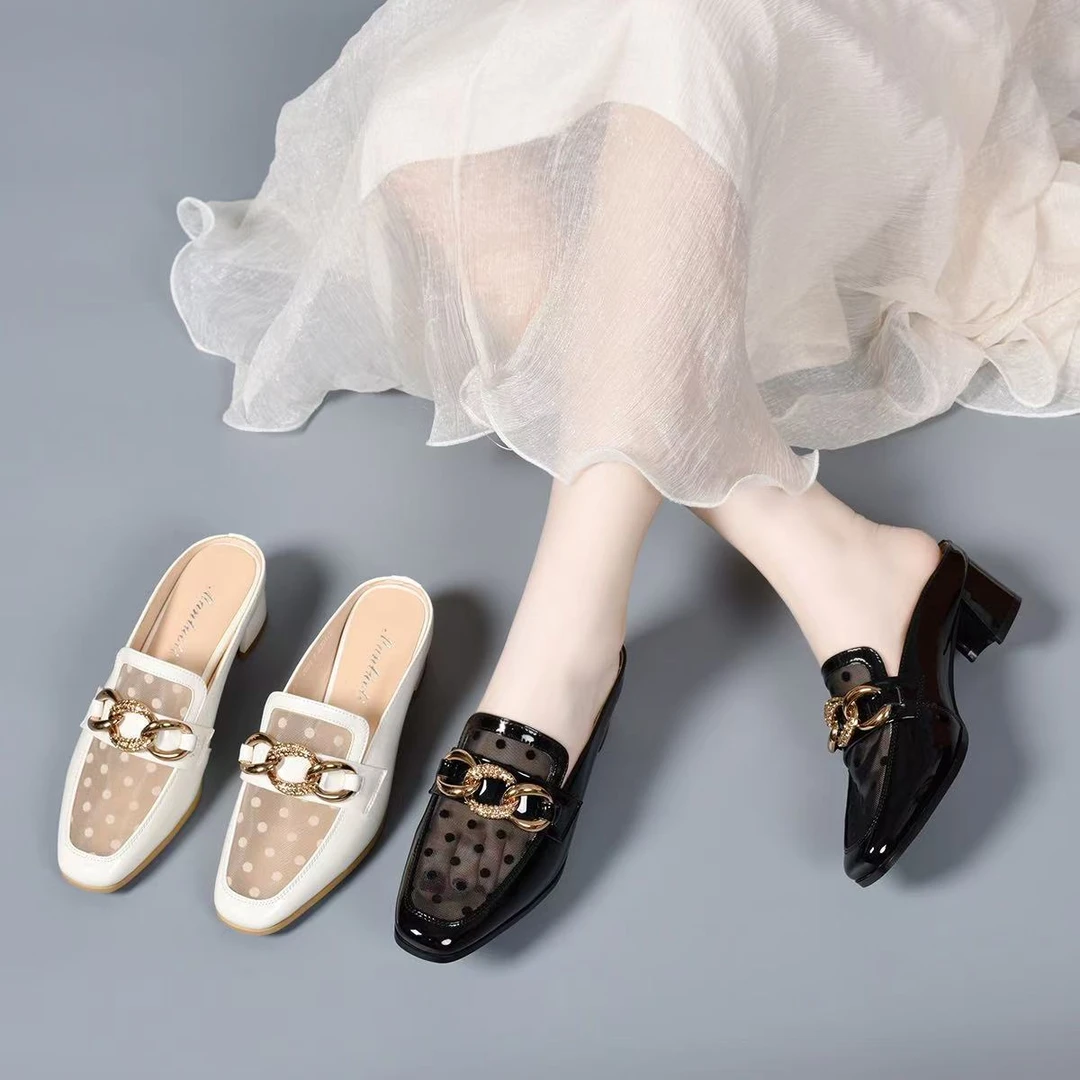 2025夏季新款方头粗跟牛皮外穿拖鞋舒适漆皮中跟网纱潮流包头拖