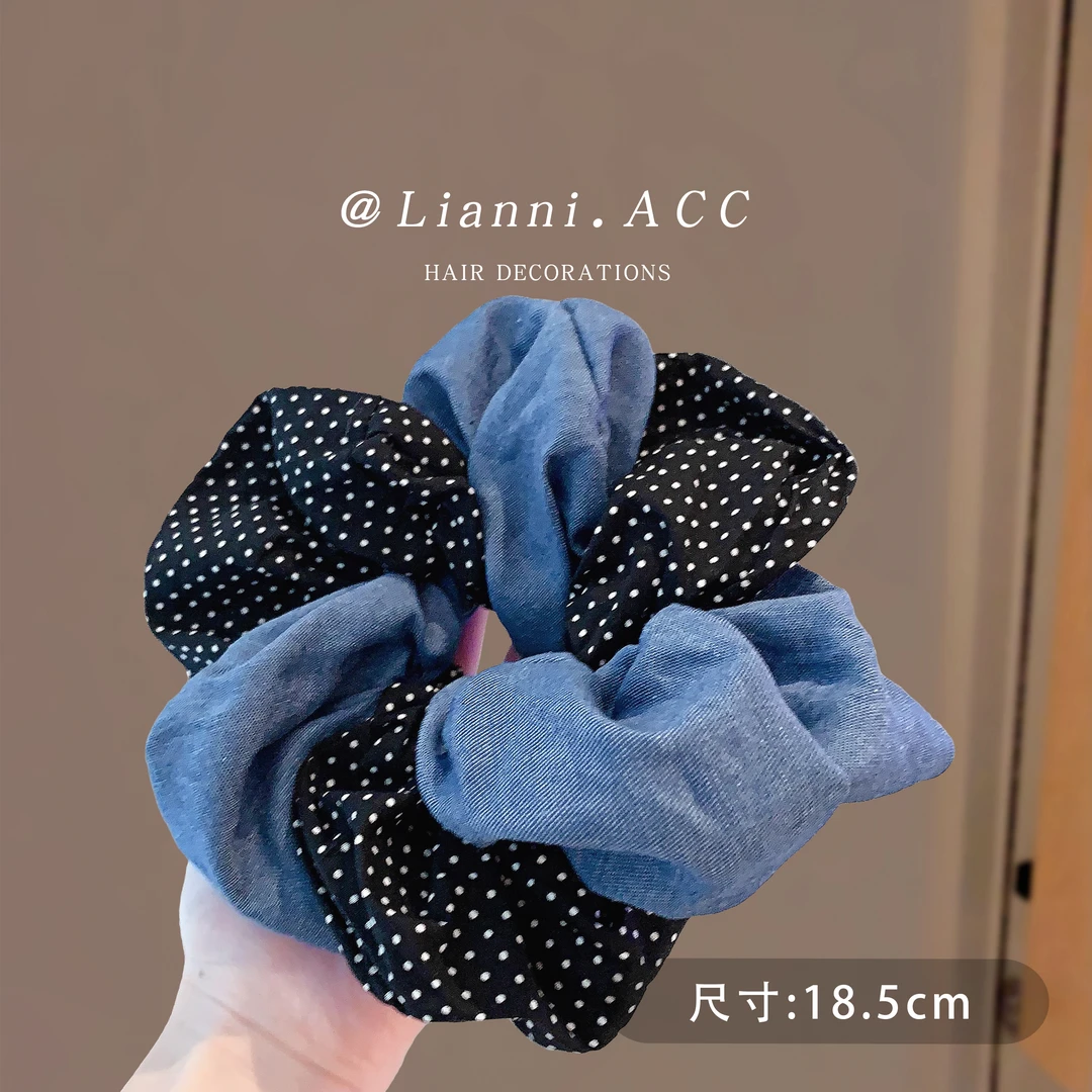 森系复古布艺蓝色波点大肠发圈双层高级感丸子头发绳韩国少女头绳