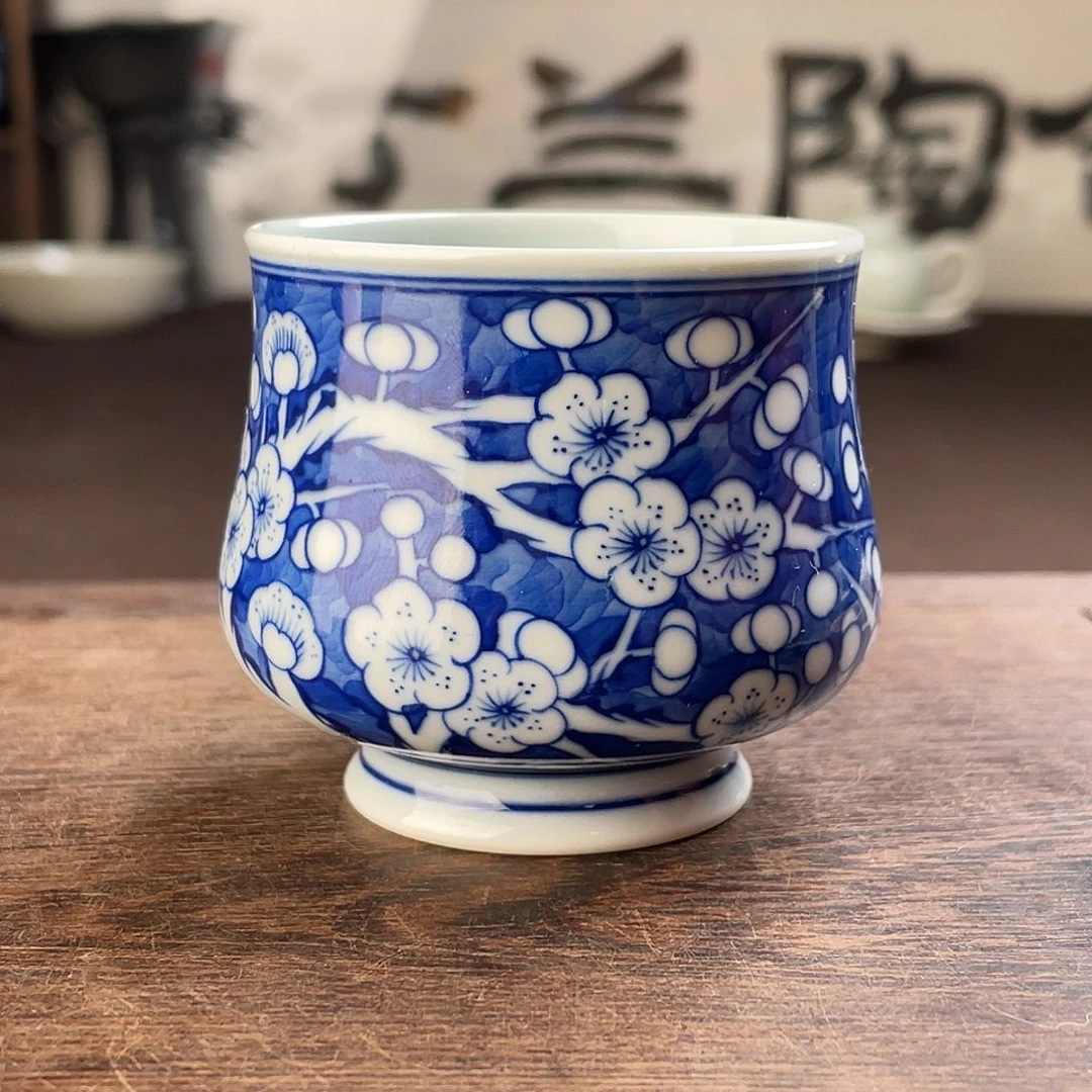 微瑕柴窑青花踏水冰梅主人杯