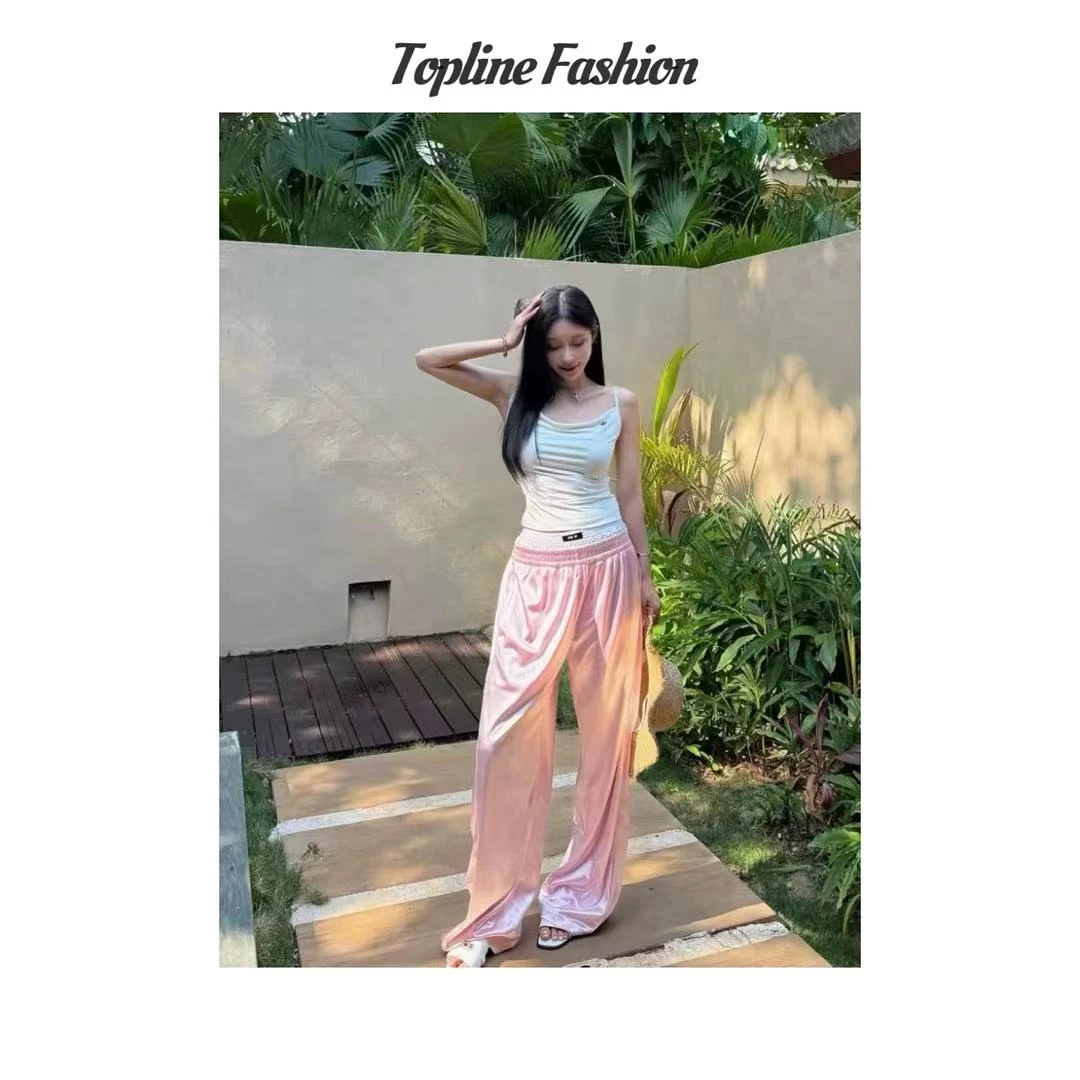 【鱼家高货】2025新款粉色缎面双腰运动裤25164