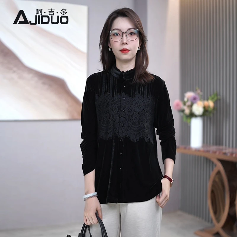 A66056阿吉多长袖丝绒衬衫女秋季新款复古法式衬衣阔太太高贵上衣