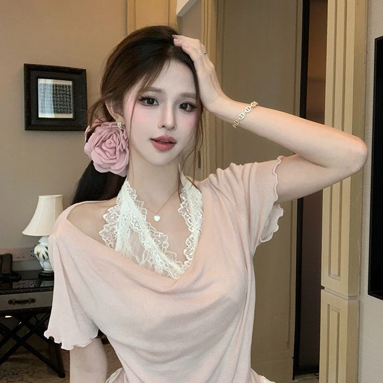 纯欲性感露肩T恤女2025甜辣妹挂脖蕾丝上衣假两件褶皱减龄针织衫