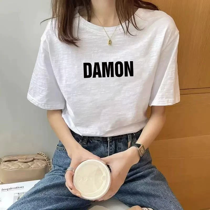 正肩竹节纯棉女士t恤短袖夏季新款洋气时尚印花上衣宽松韩版小衫