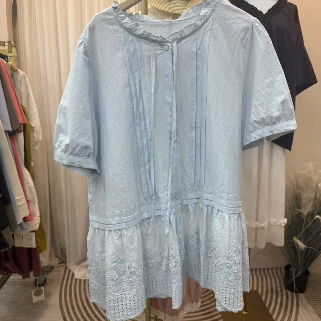 S8539 圆领中袖常规衬衫蕾丝褶皱