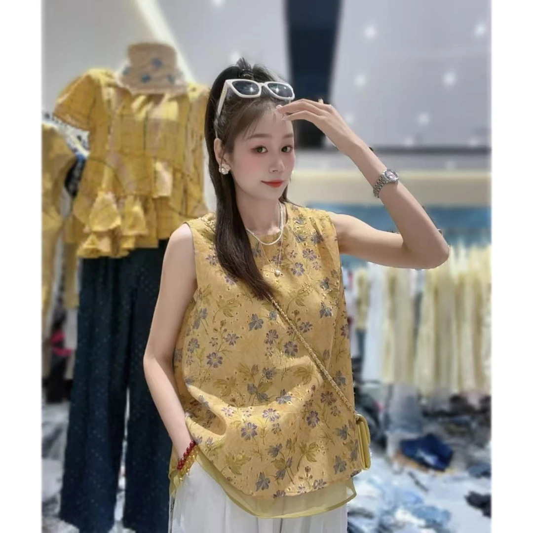 【三懿服饰】夏季无袖新中式圆领双层提花刺绣宽松百搭上衣-8820