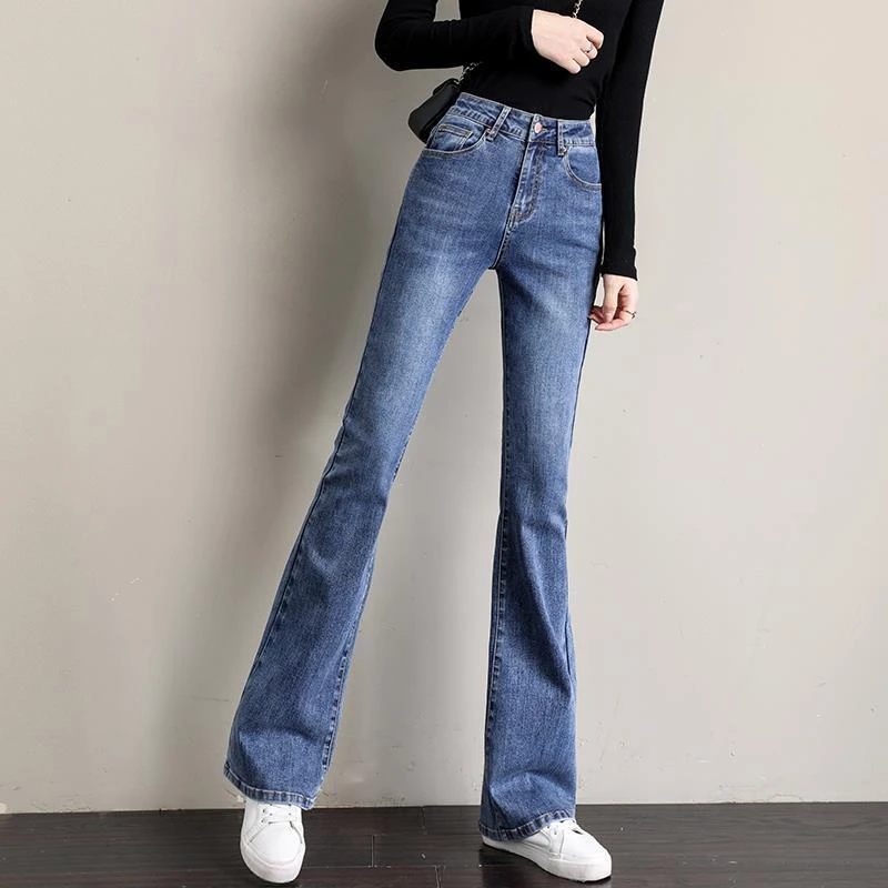 2025秋冬加绒喇叭牛仔裤子女高腰修身显高加厚弹力直筒微喇长裤潮