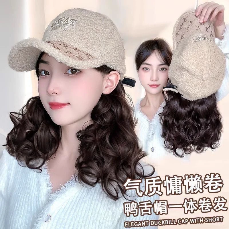 秋冬款羊羔毛鸭舌帽假发一体时尚保暖仿真慵懒短卷发鸭舌帽全头套