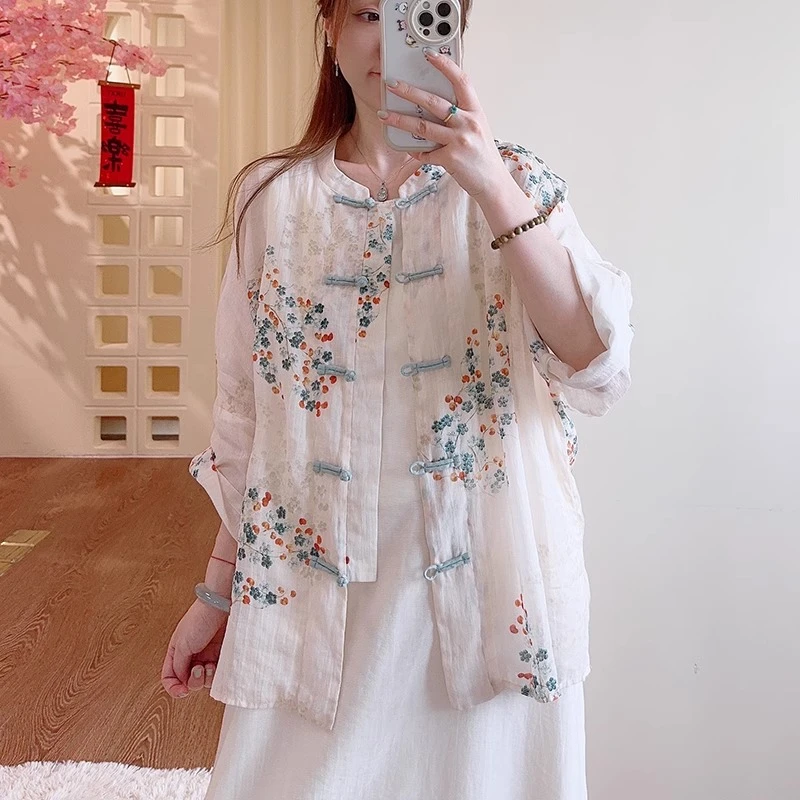 新款夏季小清新新中式印花手工盘扣开衫防晒服中国风复古时尚上衣