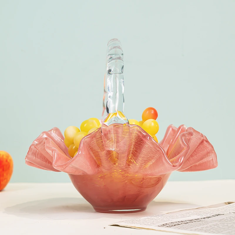 新款中古轻奢琉璃花瓶粉色芬顿褶皱裙边提篮水果盘ins花篮