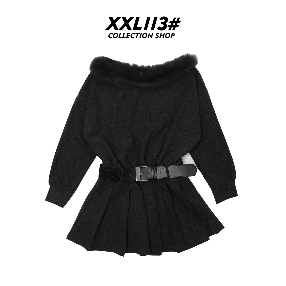 113* CENTRALIZED SHOP早春新款毛毛V领修身性感连衣裙X5F15K7436