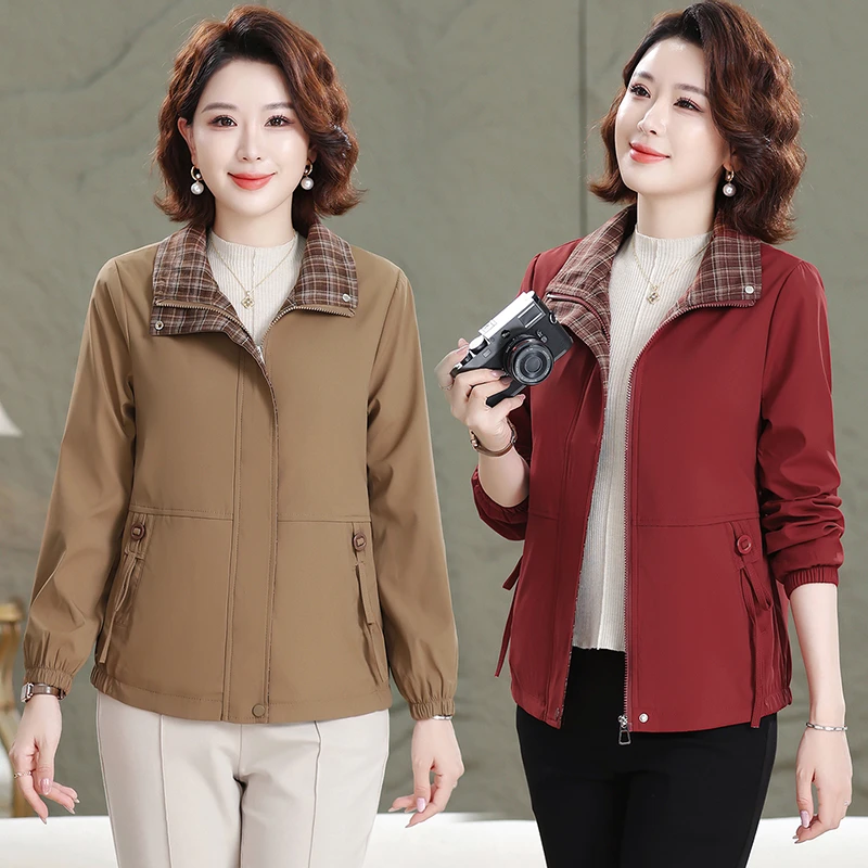 中老年妈妈装外套格子相色大码休闲秋季上衣清爽舒适夹克衫遮肚