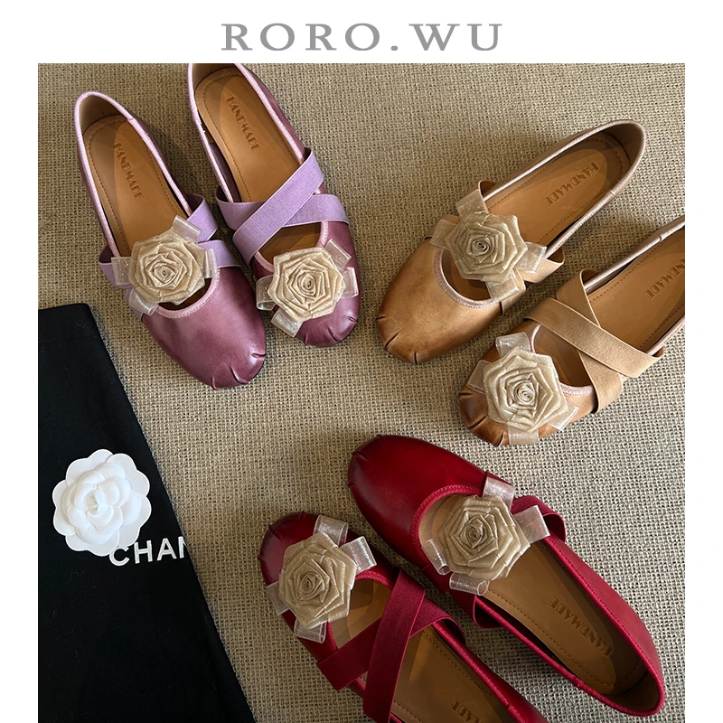娆娆吴·头层牛皮花朵交叉带擦色法式春季通勤百搭女鞋D242