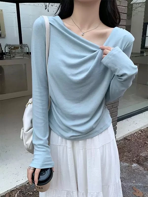 步履 百搭长袖洋气设计感 打底T恤显瘦时尚薄款修身纯色秋季