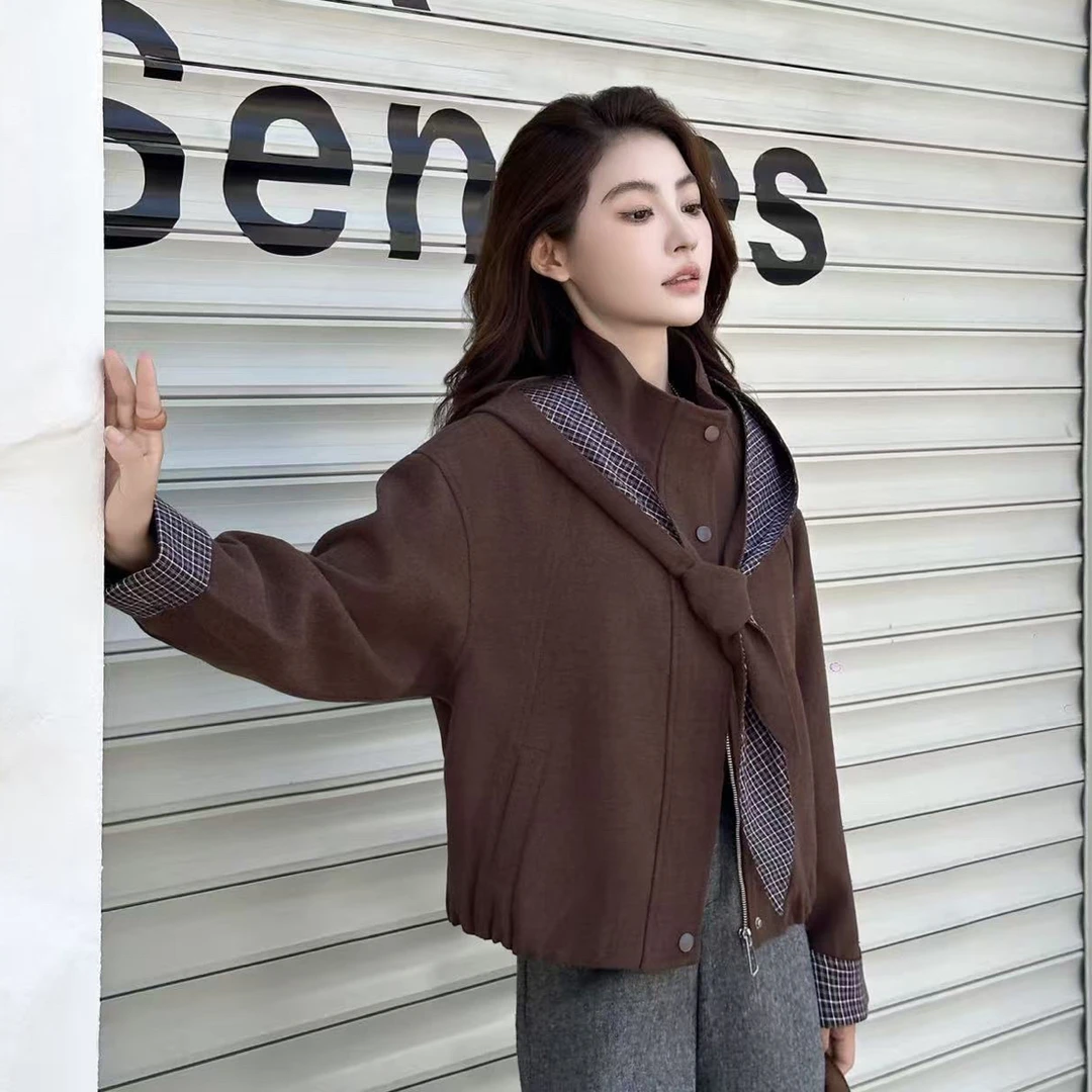 #25103秋季新款格子拼接连帽短外套女宽松显瘦百搭
