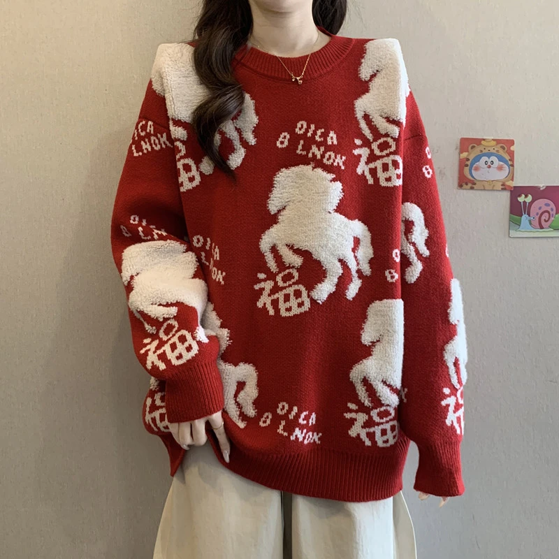 大码女装胖mm圣诞红色毛巾绣针织衫毛衣秋冬2025新款洋气毛衫上衣