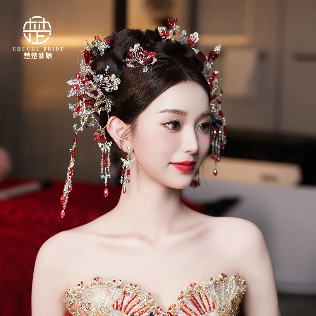 新娘结婚头饰红银色秀禾服饰品减龄气质古装汉服龙凤褂配饰水晶款