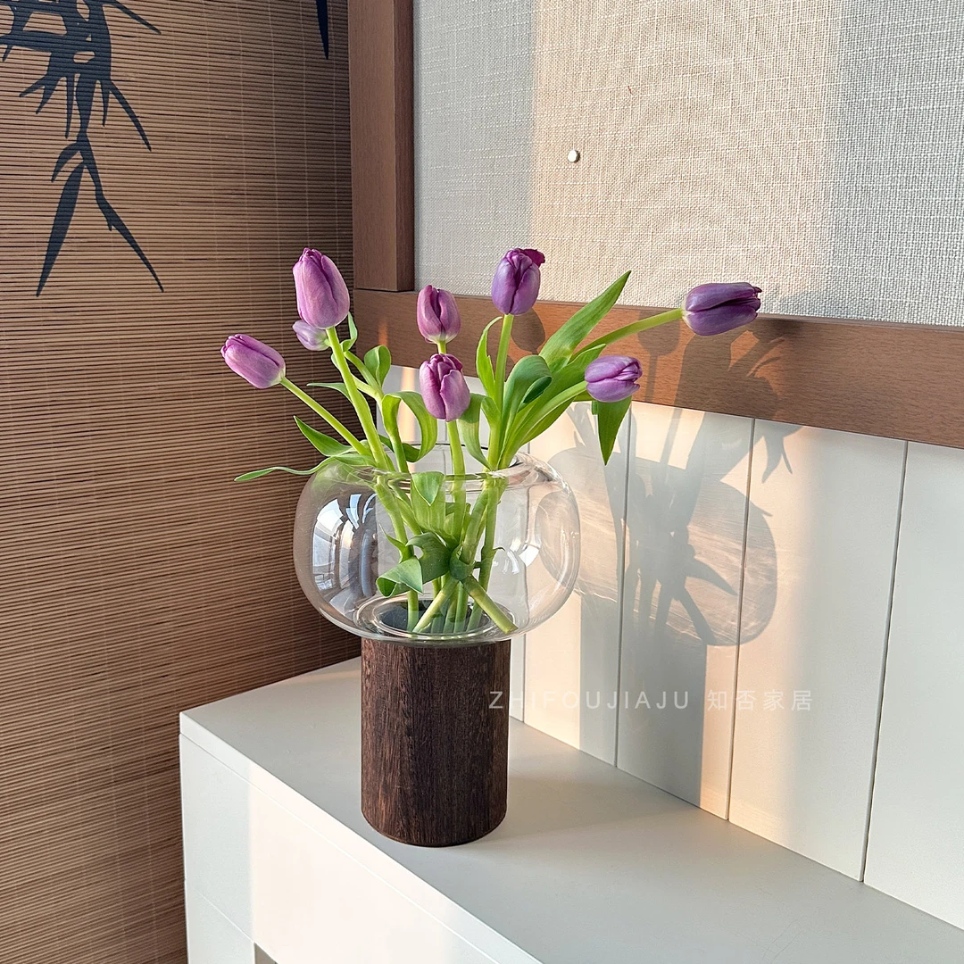 山屿空镜原木底座透明玻璃花瓶轻奢高级感摆件插花水培花器装饰品