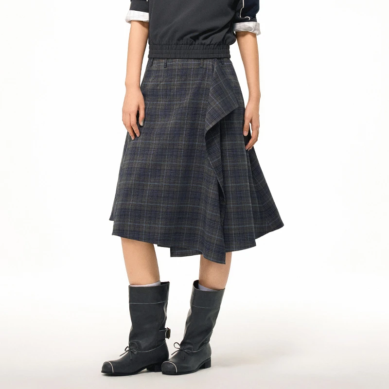 SFNT 复古不规则搭片格纹A字半身裙 女款美式复古街头国潮牌