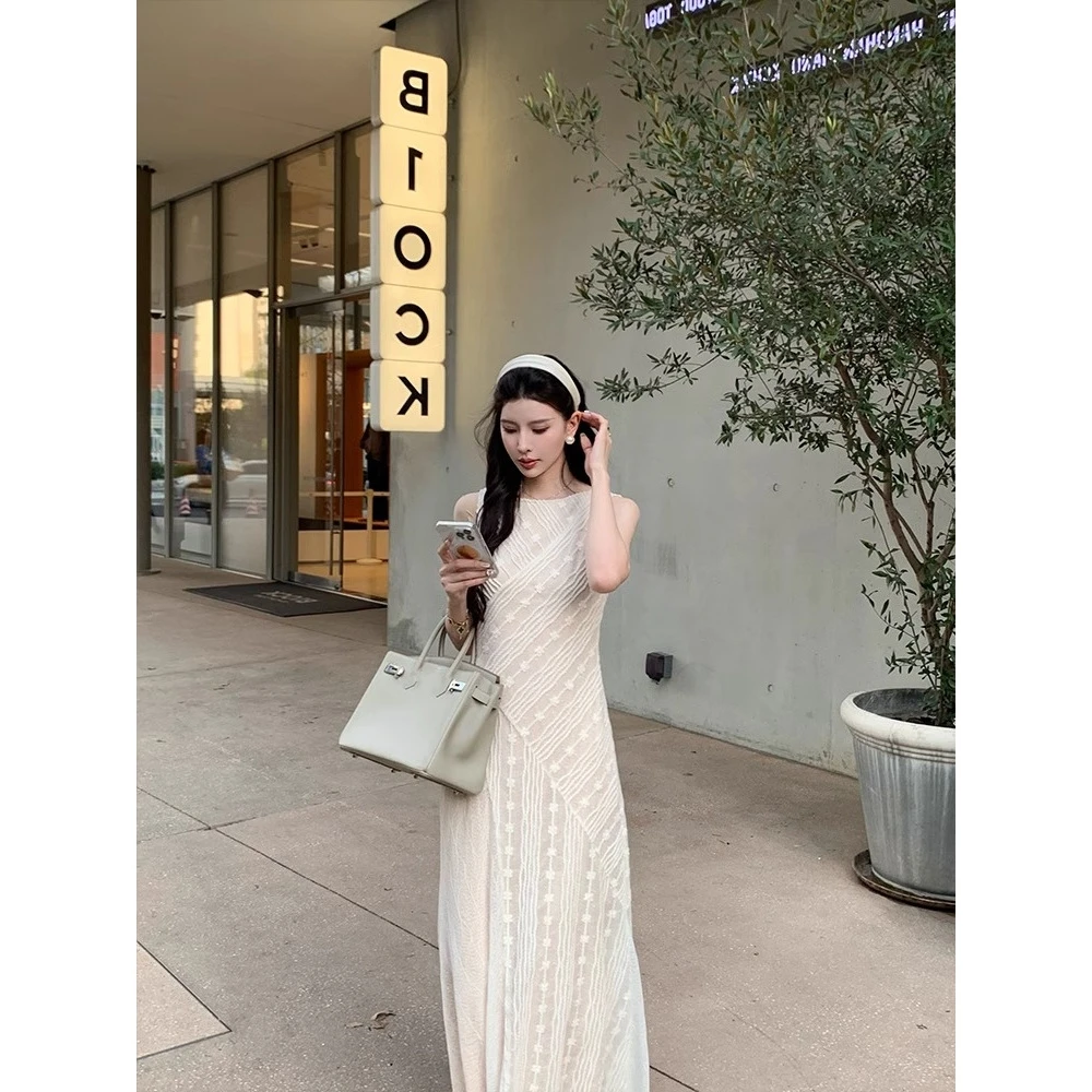 米色蕾丝拼接无袖连衣裙女修身气质A字长裙子夏季新