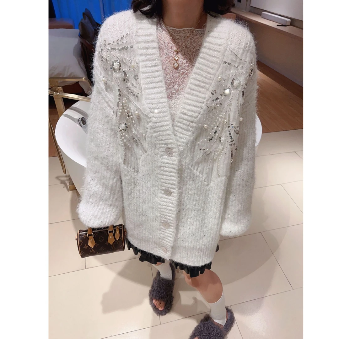 轻奢重工亮片慵懒风毛衣外套女秋冬新款洋气法式宽松百搭针织开衫