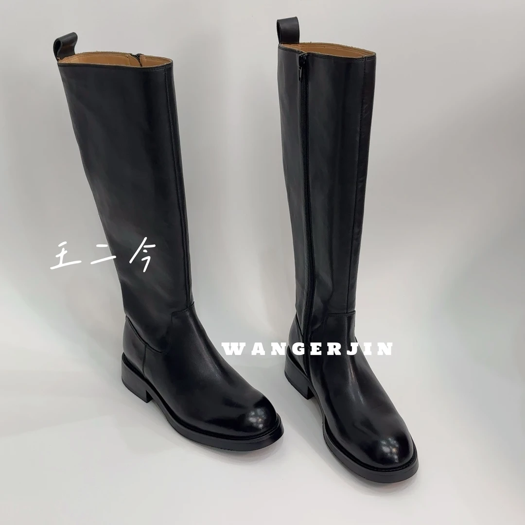 【王二今】马皮/3.5CM/极简高级显瘦高筒靴女及膝靴骑士直筒长筒靴