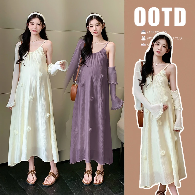 孕妇夏装2025宽松大码显瘦仙女气质花朵吊带连衣裙夏季洋气套装