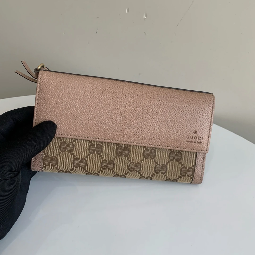 95新 GUCCI/古驰 老花logo 双G挂饰帆布拼皮长款翻盖式钱包