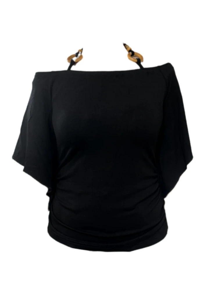 【Amy家】纯欲风串珠挂脖一字肩短袖T恤女夏季修身显瘦性感辣妹上衣