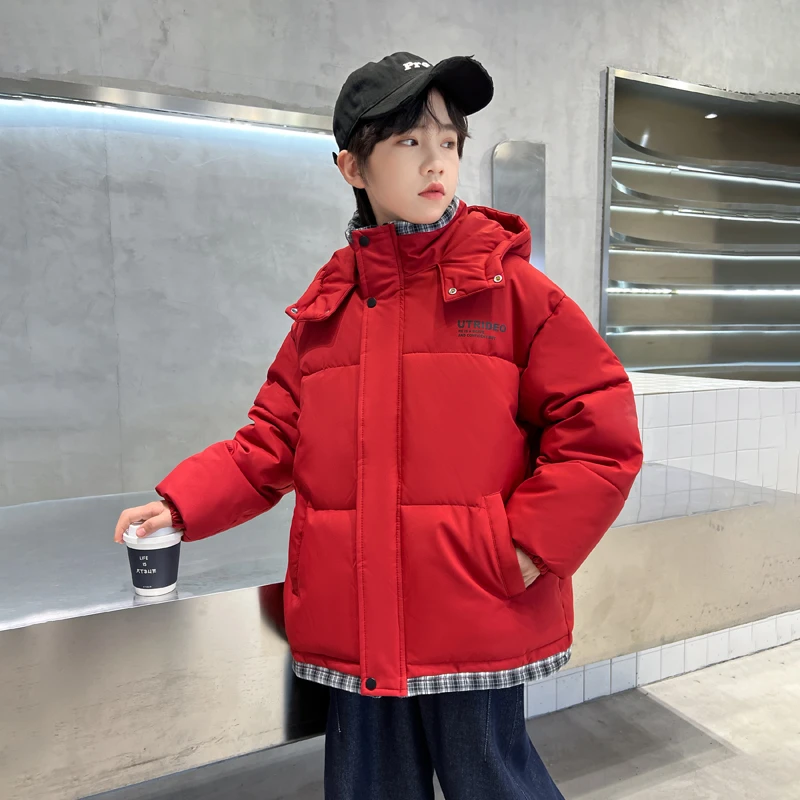 儿童装男童红色棉衣假两件6-12岁中大童冬季保暖棉袄男孩连帽外套