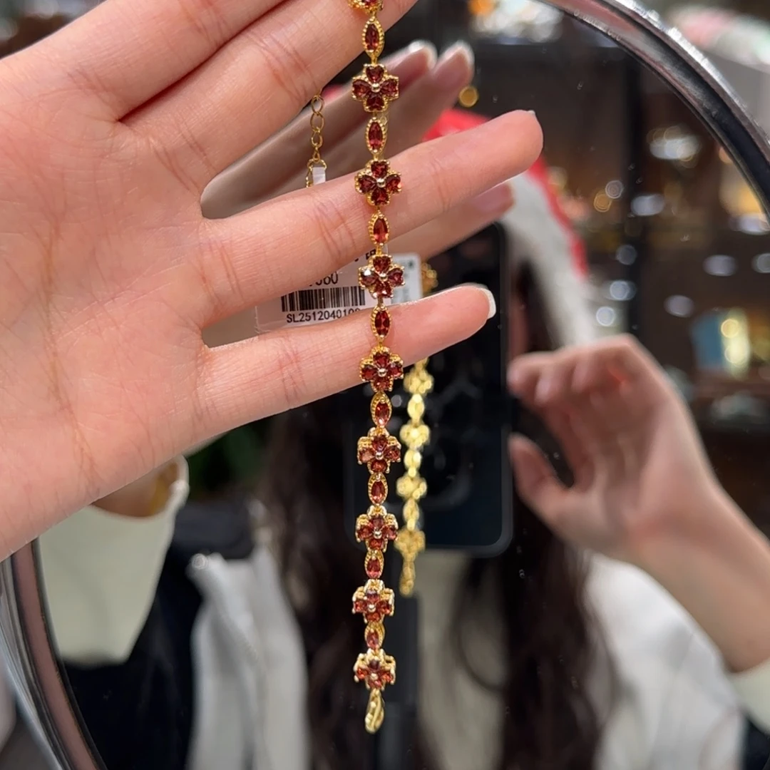 银S925镶嵌石榴石手链轻奢 花花