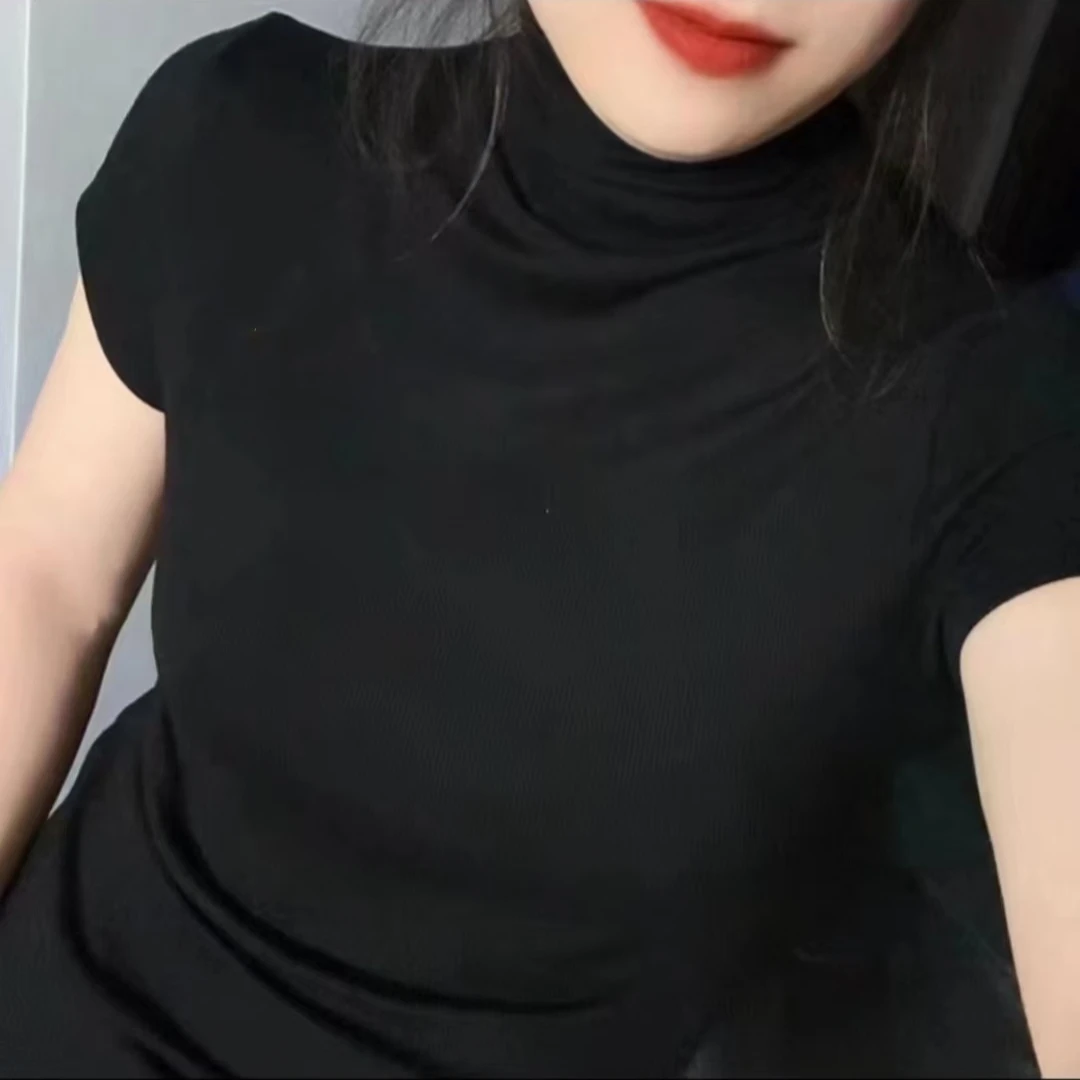 804半高领螺纹棉短袖修身显瘦遮肉时尚百搭外穿打底衫上衣T恤潮