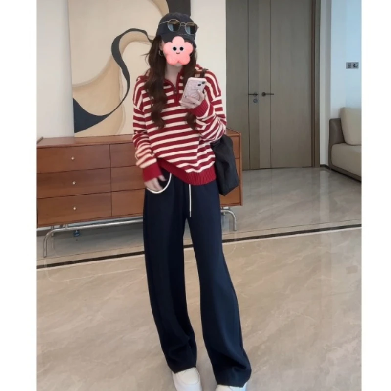 秋季小众百搭设计半拉链连帽针织衫+阔腿卫裤休闲裤LK2505925
