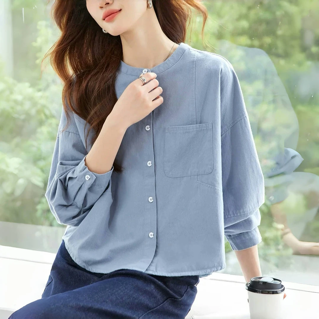 长袖衬衫女装2025春秋新款韩版宽松圆领气质衬衣女时尚上衣小个子
