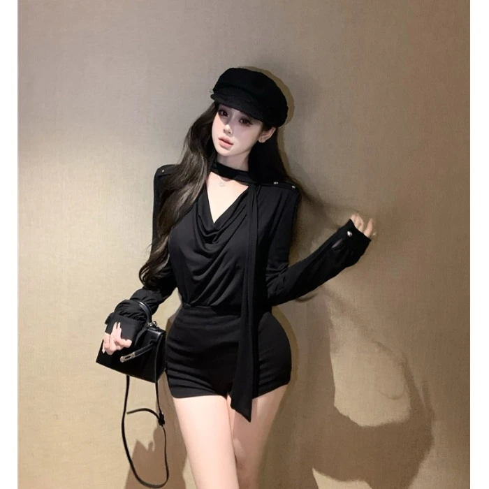 蝴蝶结绑带v领长袖衬衫女春季设计感修身收腰衬衣御姐风黑色上衣