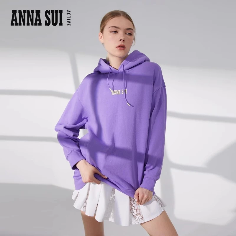 ANNA SUI 经典LOGO紫色连帽卫衣休闲宽松长袖上衣女22343057A