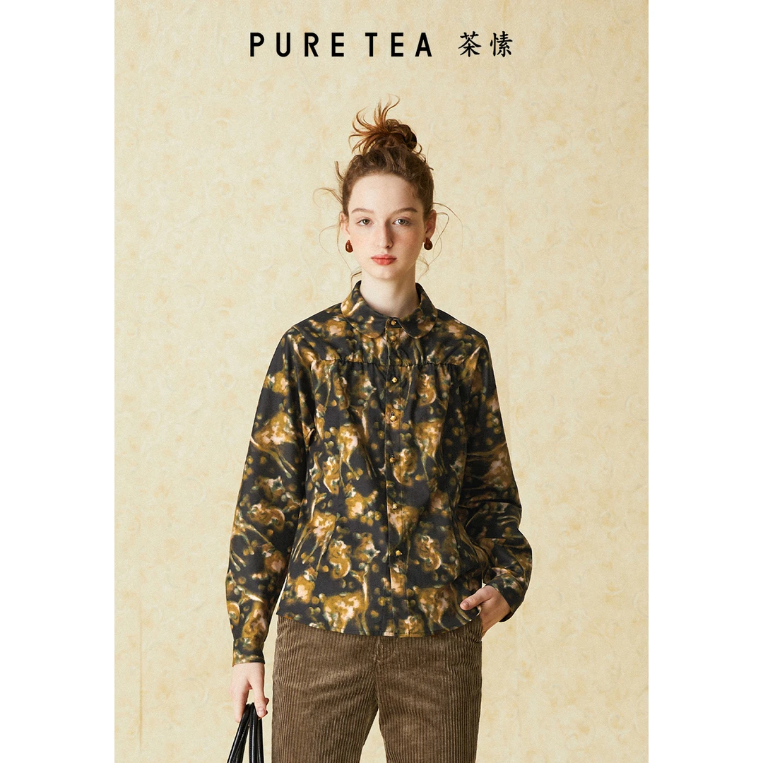 【商场同款】茶愫复古抽象印花衬衫女灯笼袖冬季新品TB0301B42