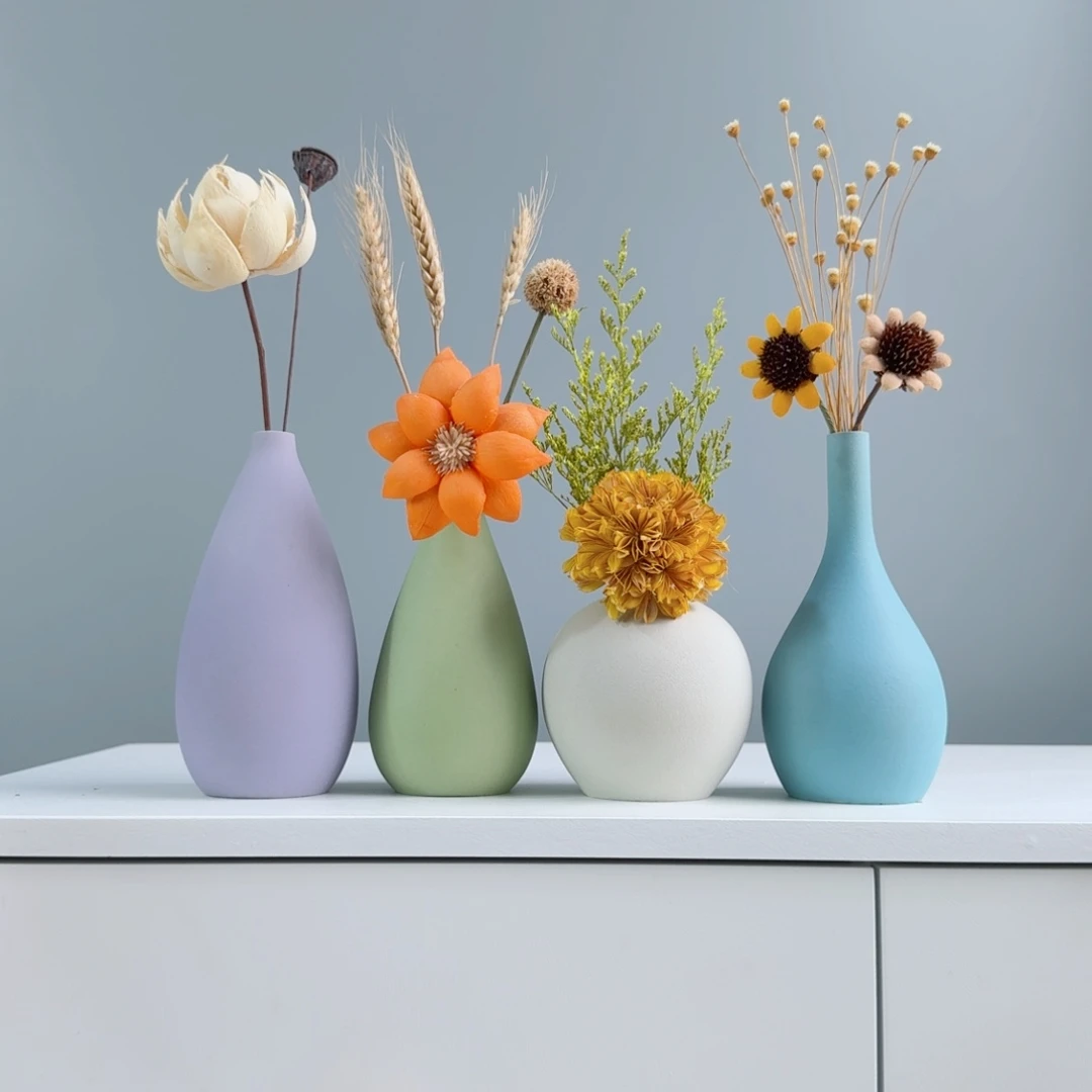 瓷片陶瓷小花瓶套装含花总高约20-30cm