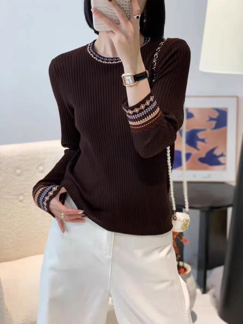 长袖拼接针织慵懒风圆领毛针织衫打底衫时尚套头上衣